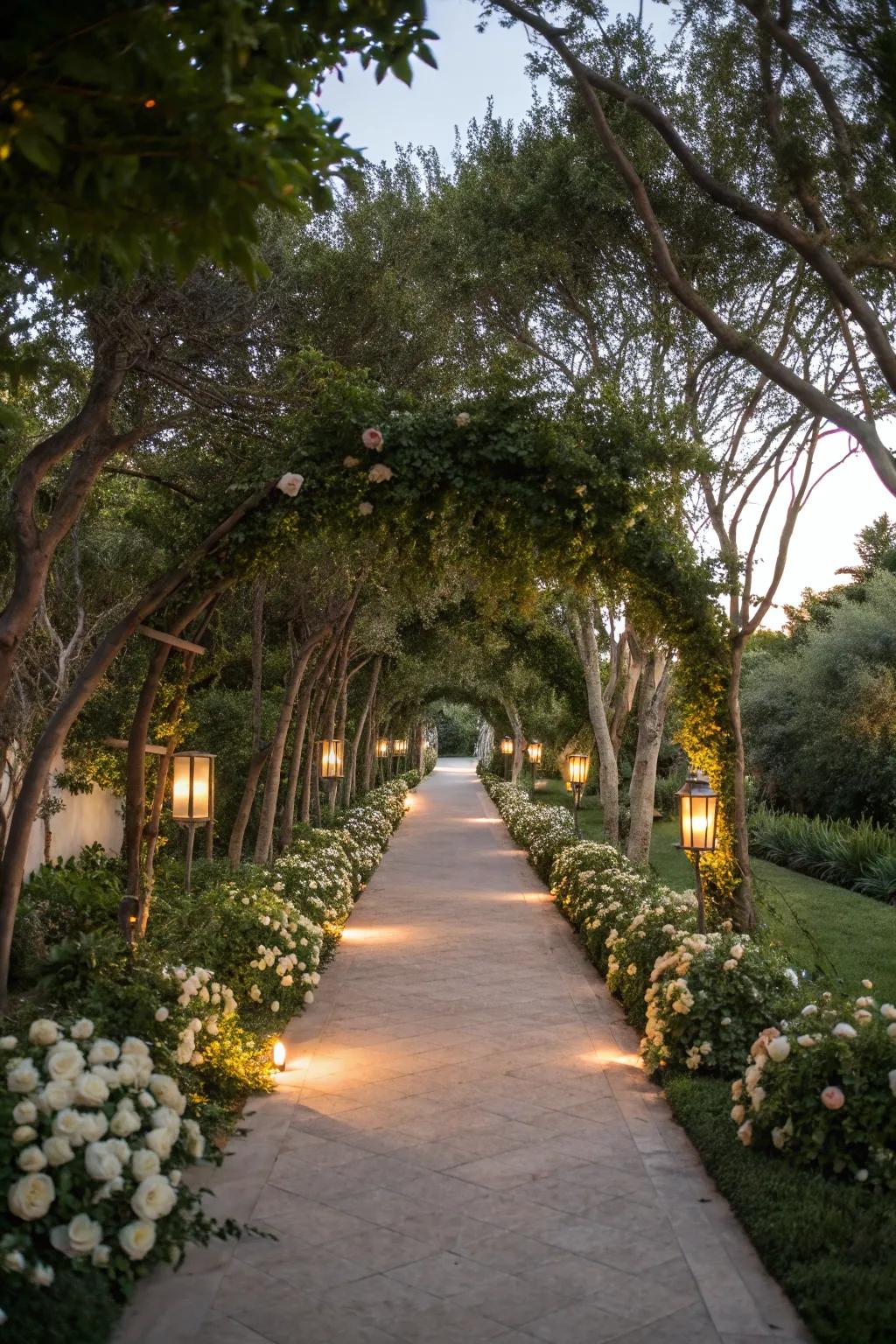Pathway lighting featuring trees that guide the journey.