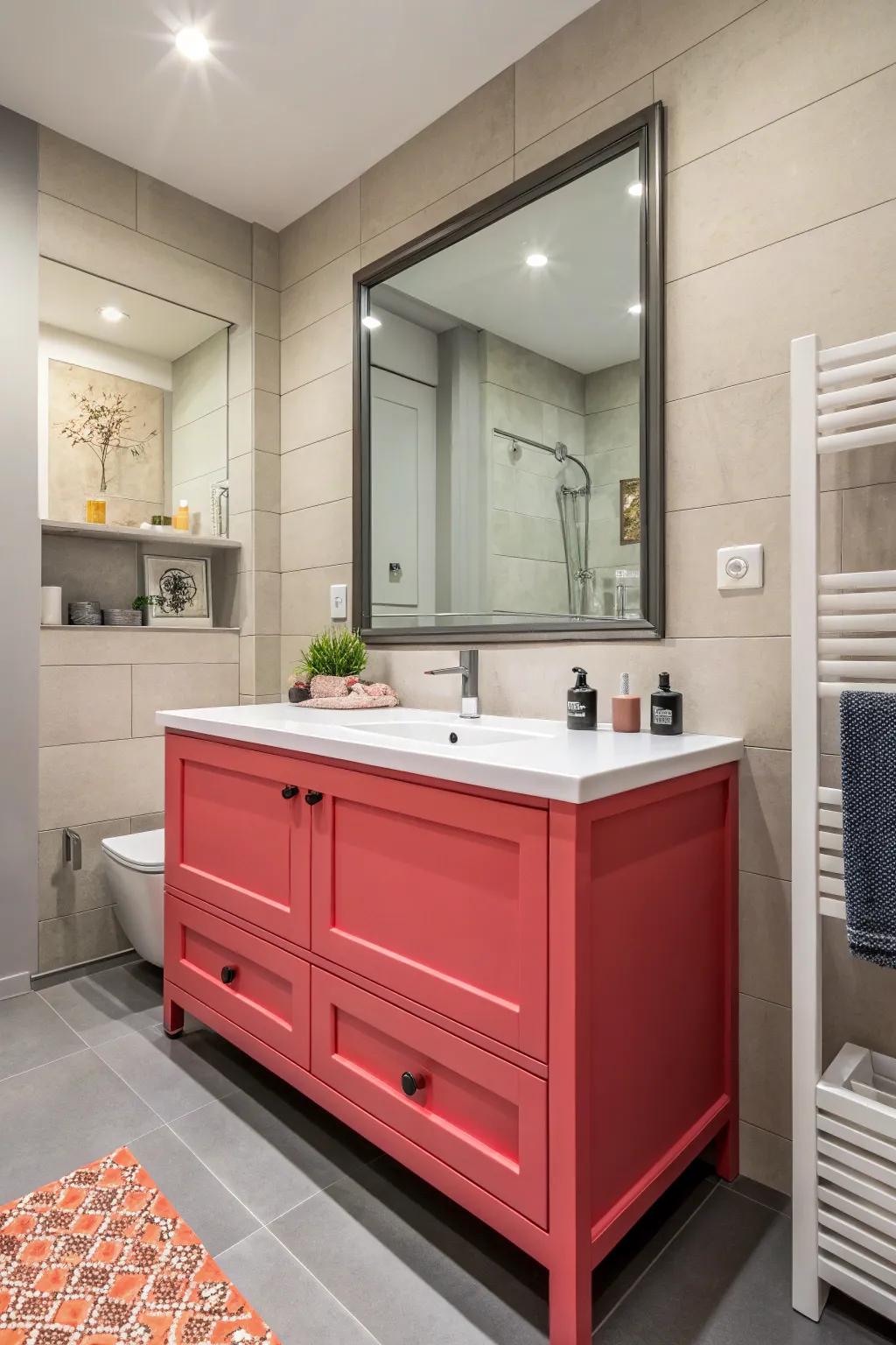A modern bathroom featuring a strong vanity color, creating a striking declaration.