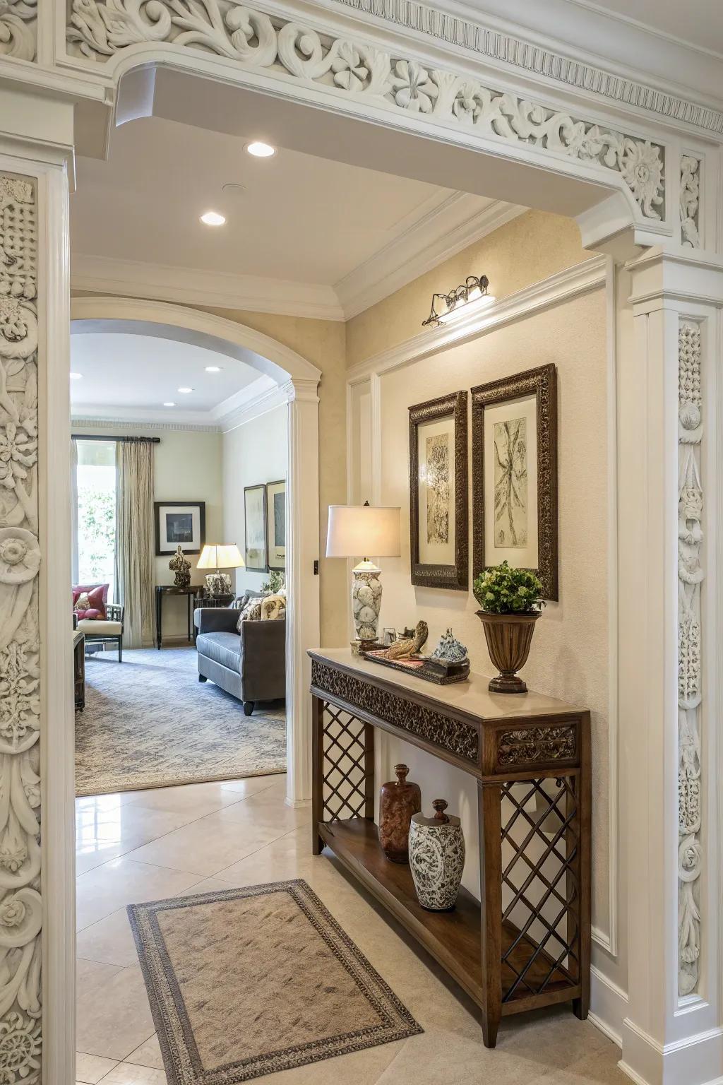 An inviting entrance enhanced with decorative trim.