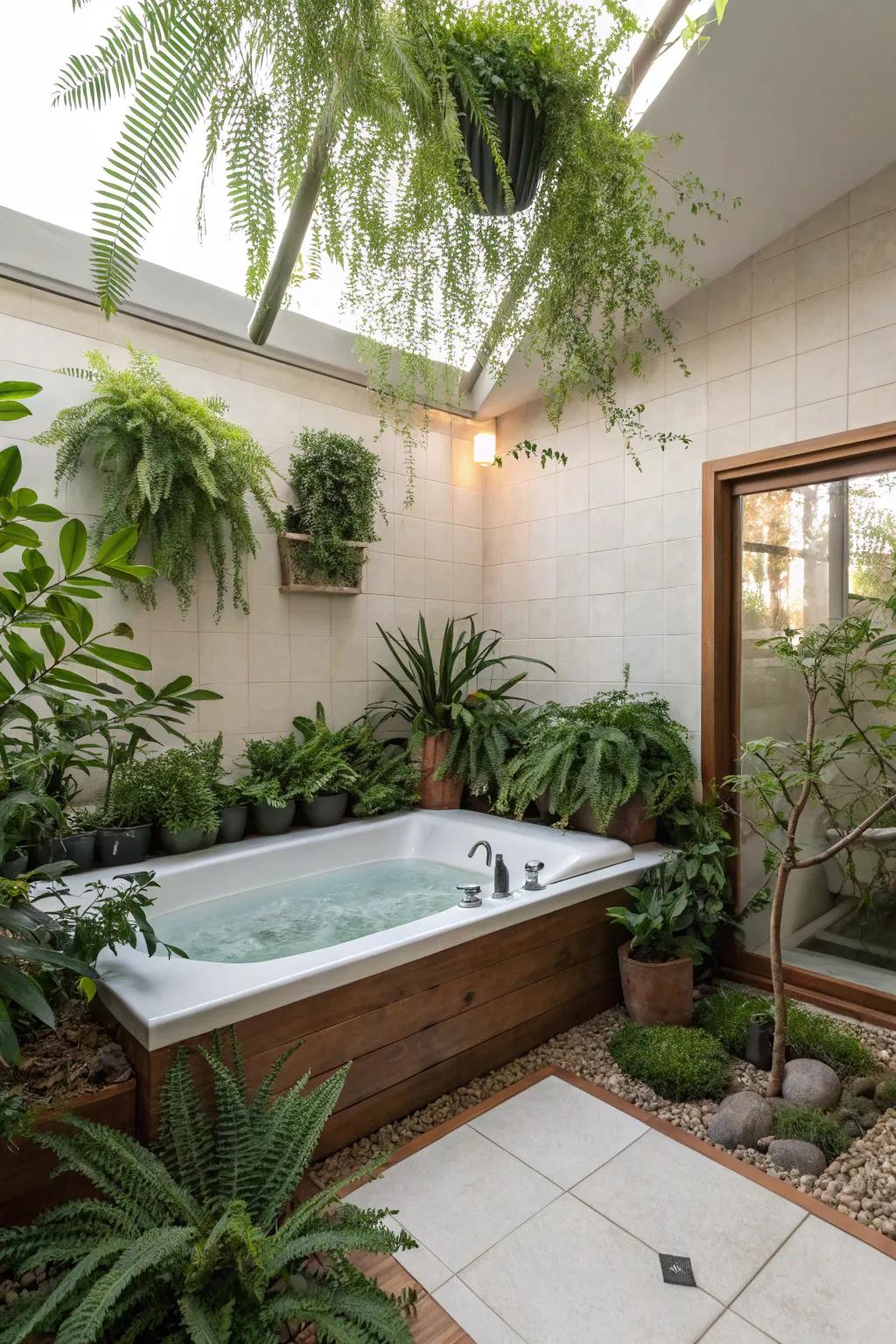 A bath surround transformed into a verdant retreat with abundant houseplants.
