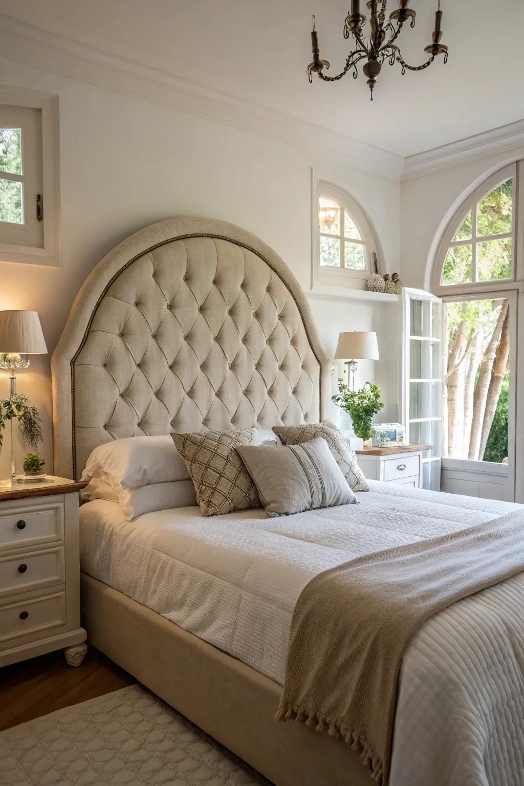 A romantic bedroom featuring an arched tufted headboard.