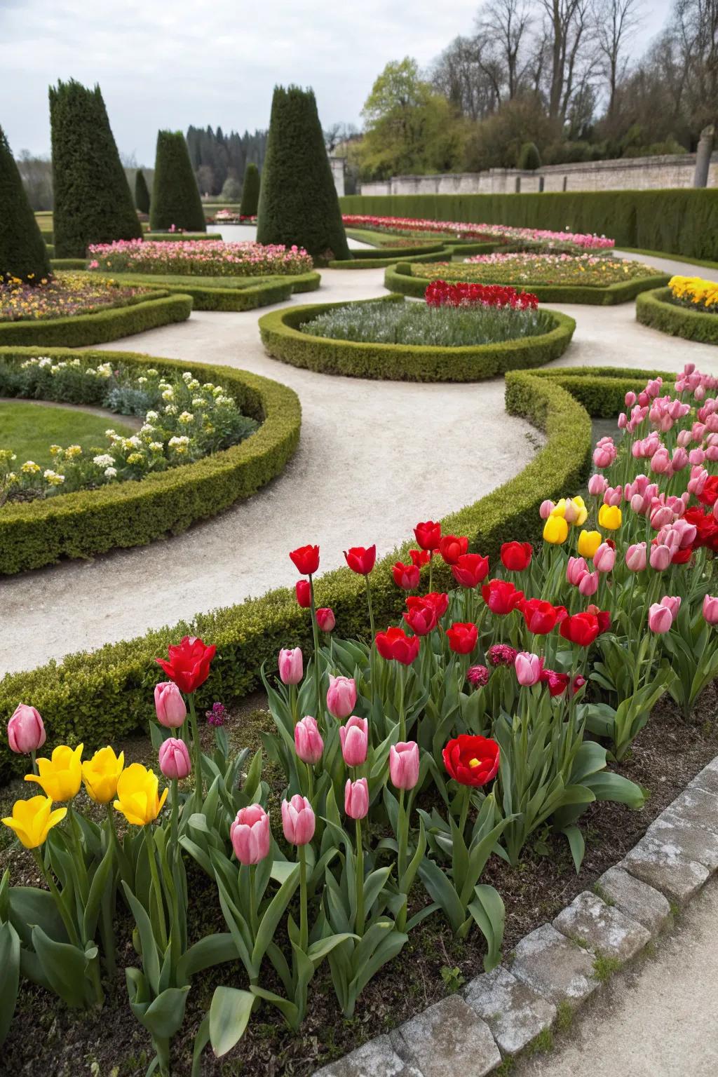 A formal garden layout with blossoms arranged in symmetry, embodying elegance and order.