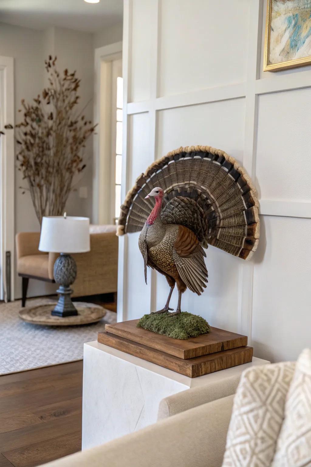 An unprocessed wood finish highlights the splendor of a turkey fan.
