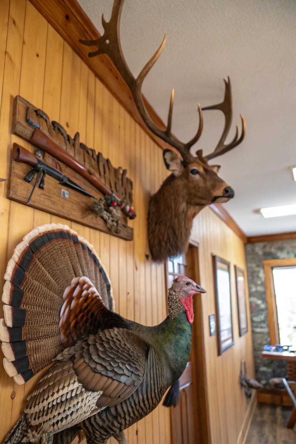 A striking showcase wall showcasing wildfowl and cervid displays.