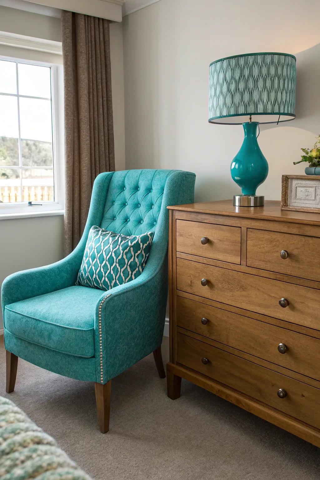 A turquoise chair makes a strong statement in this fashionable bedroom.