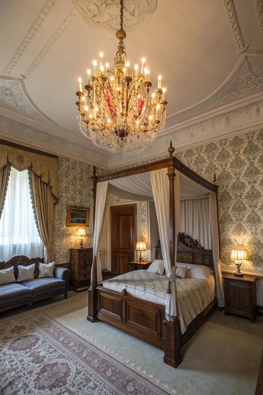 A lighting fixture introduces elegance and sophistication to your Tuscan bedroom.