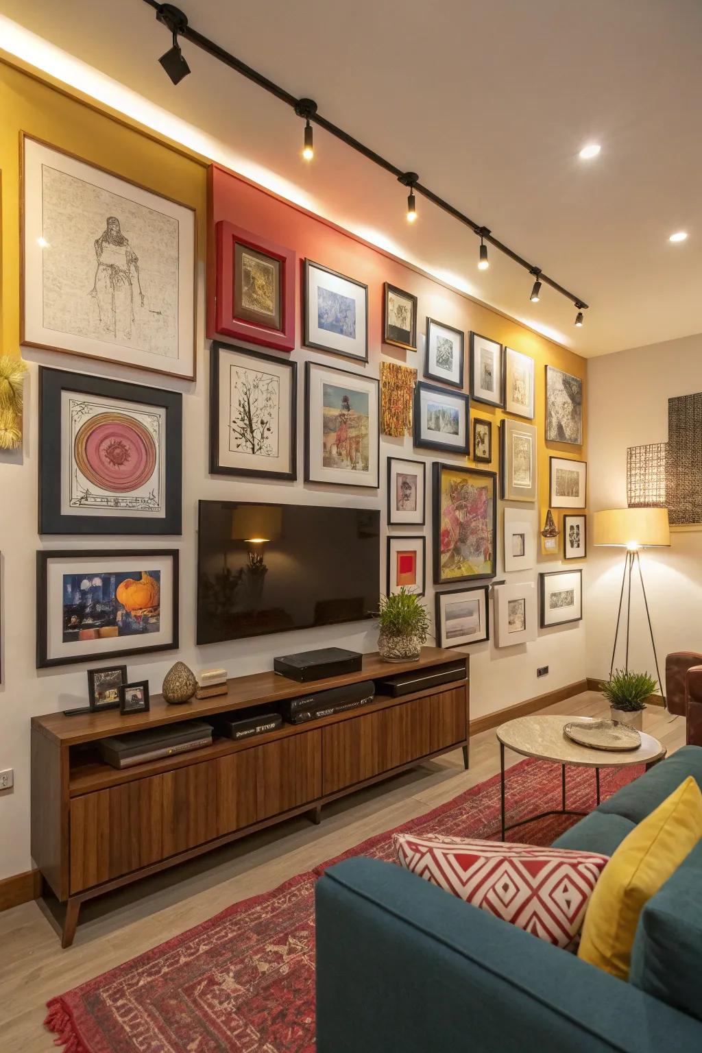 An assortment of frames creates a dynamic TV gallery wall.