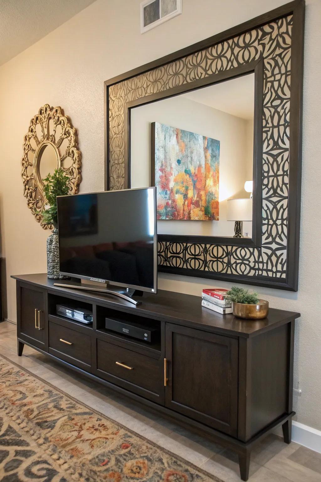 Wall art or mirrors serve as a captivating focal point above the TV.