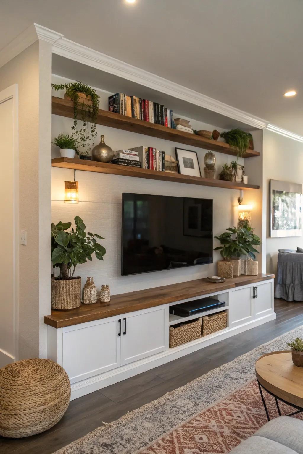 Hanging shelves introduce an airy feel to this TV wall.