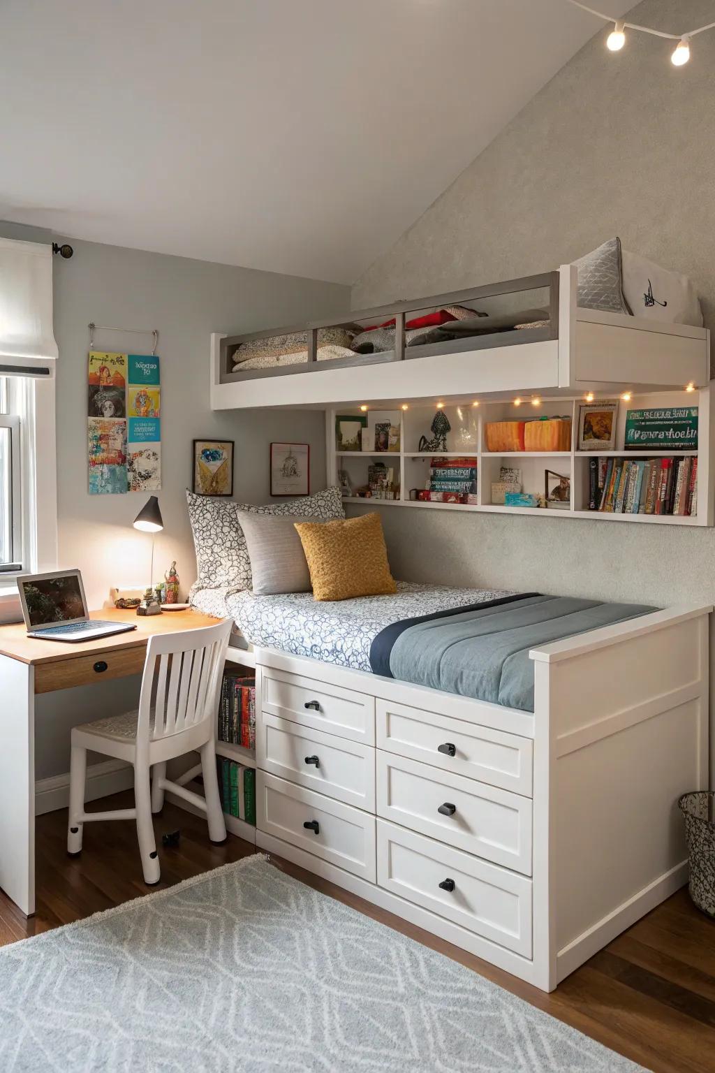 A room with practical furniture that includes a storage bed and a multipurpose desk.