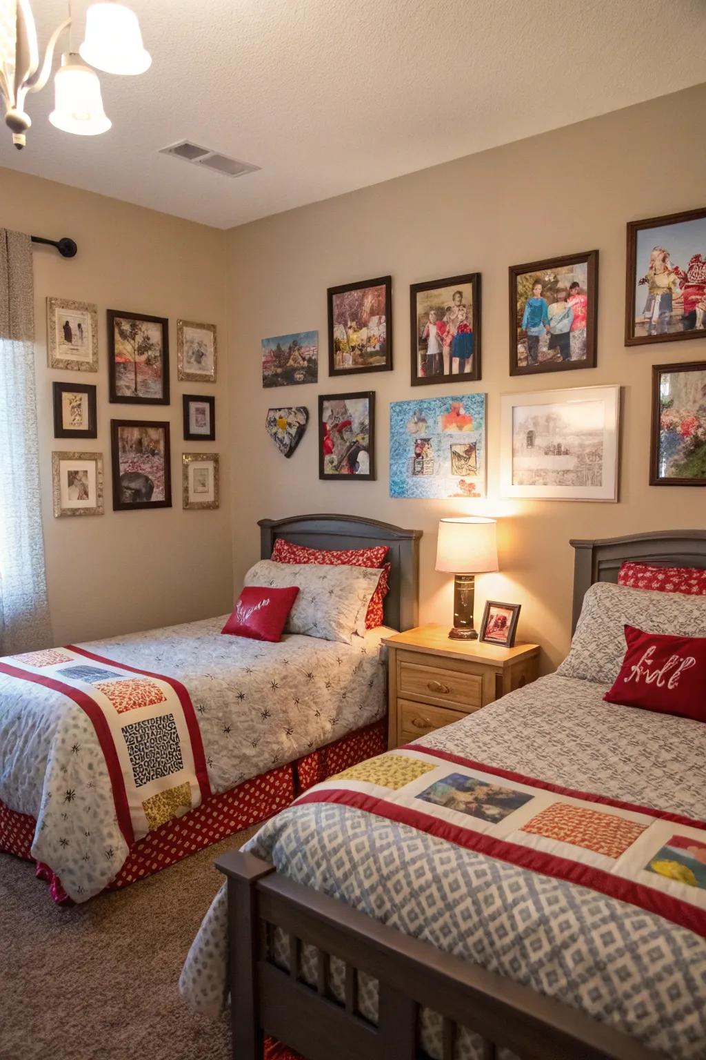 Wall art personalizes and enlivens the twin bedroom.