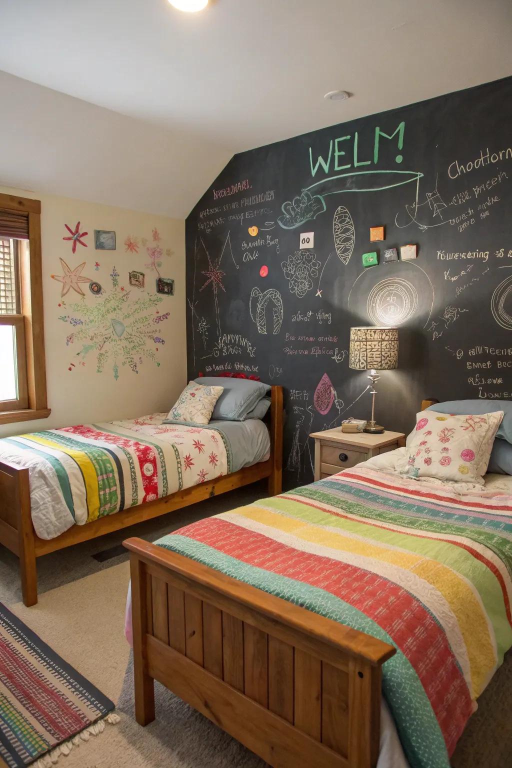 A chalkboard wall infuses an interactive and inventive aspect into the room.
