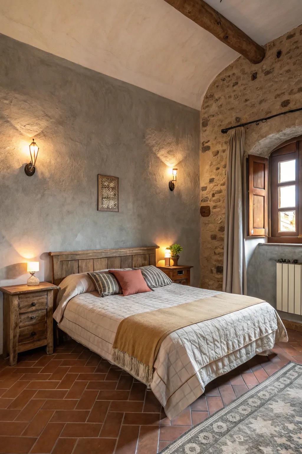 A cozy bedroom featuring terracotta and light stone gray walls, radiating warmth and comfort.