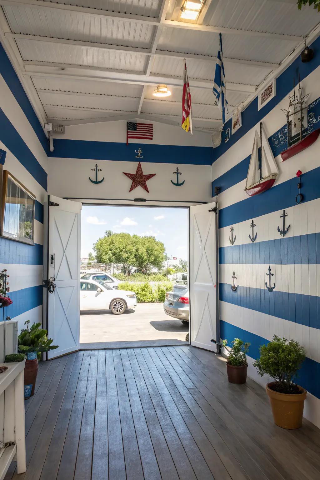 Blue and white create a calming, serene garage atmosphere.