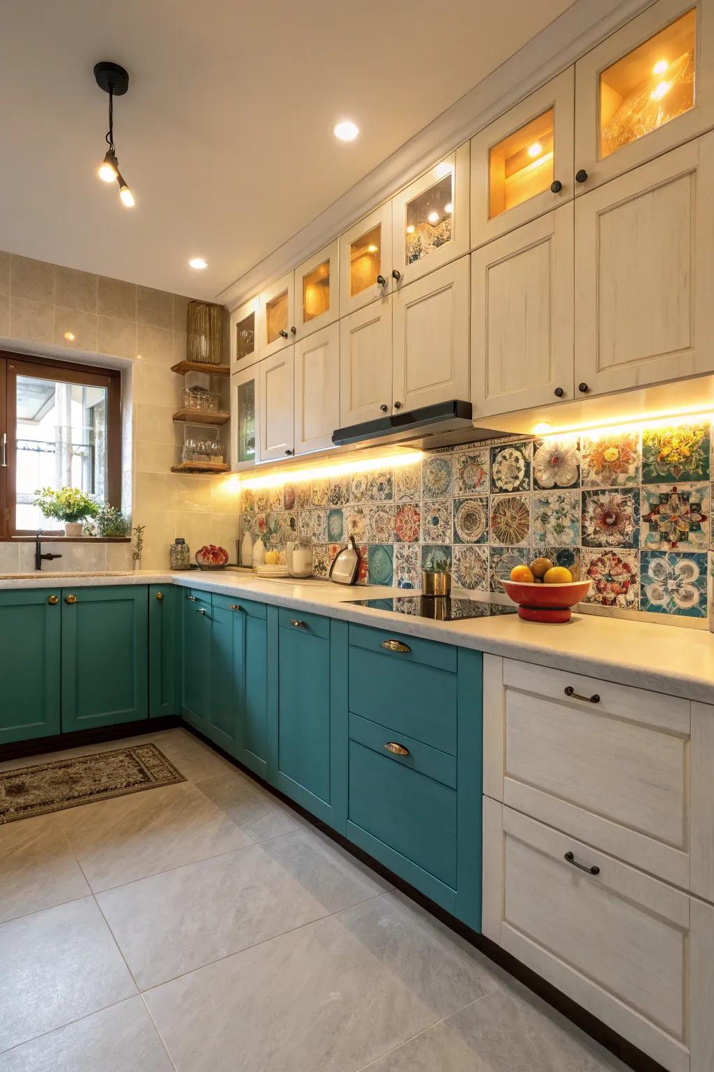 A teal and cream kitchen that's both vibrant and harmonious.