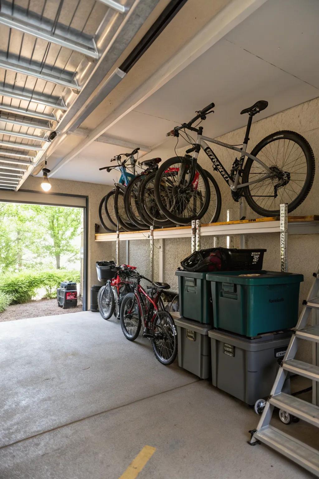 Overhead racks maintain articles above the ground, effectively utilizing vertical capacity.