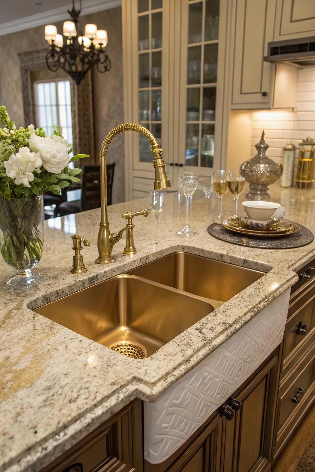 A yellow-metal undermount sink making a bold statement in a luxurious kitchen.
