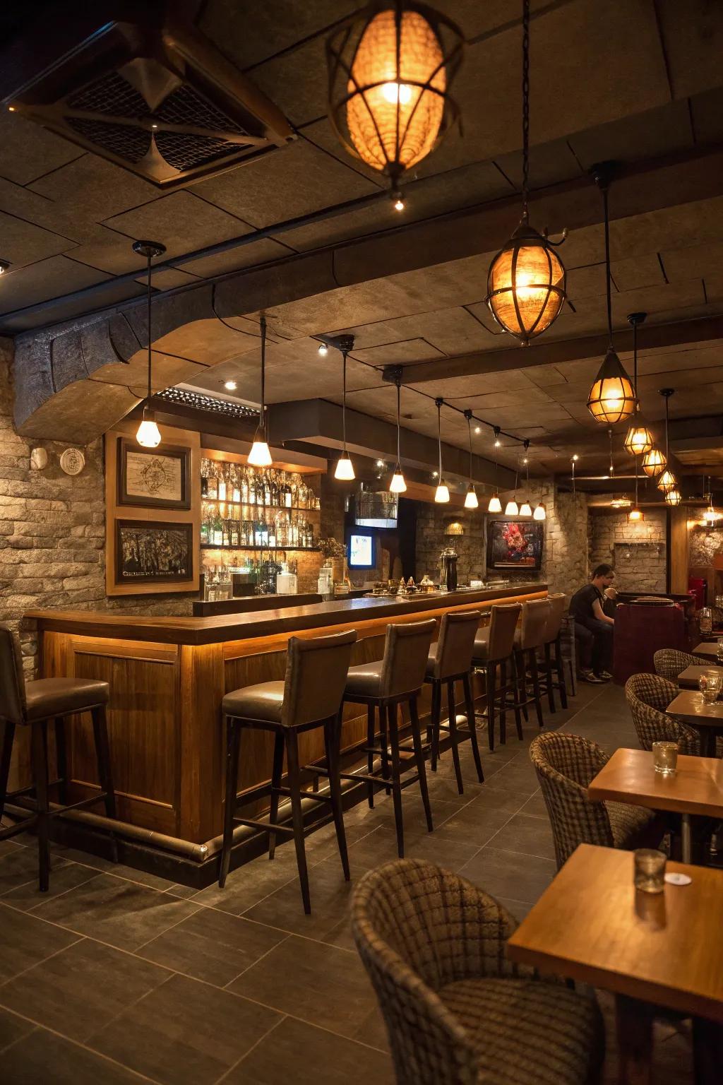 Hanging lights make the basement bar feel nicer.