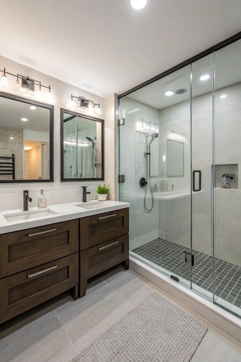 A frameless glass shower opens up the room beautifully.