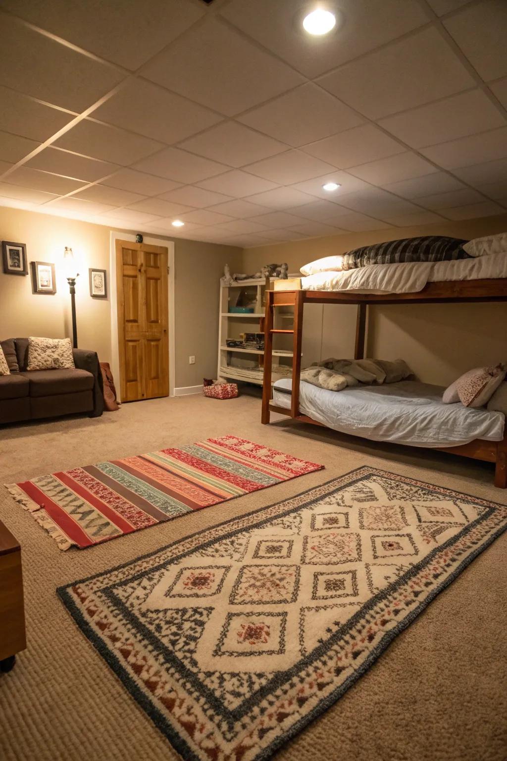 Carpets bring warmth and aid in defining areas within your basement bedroom.