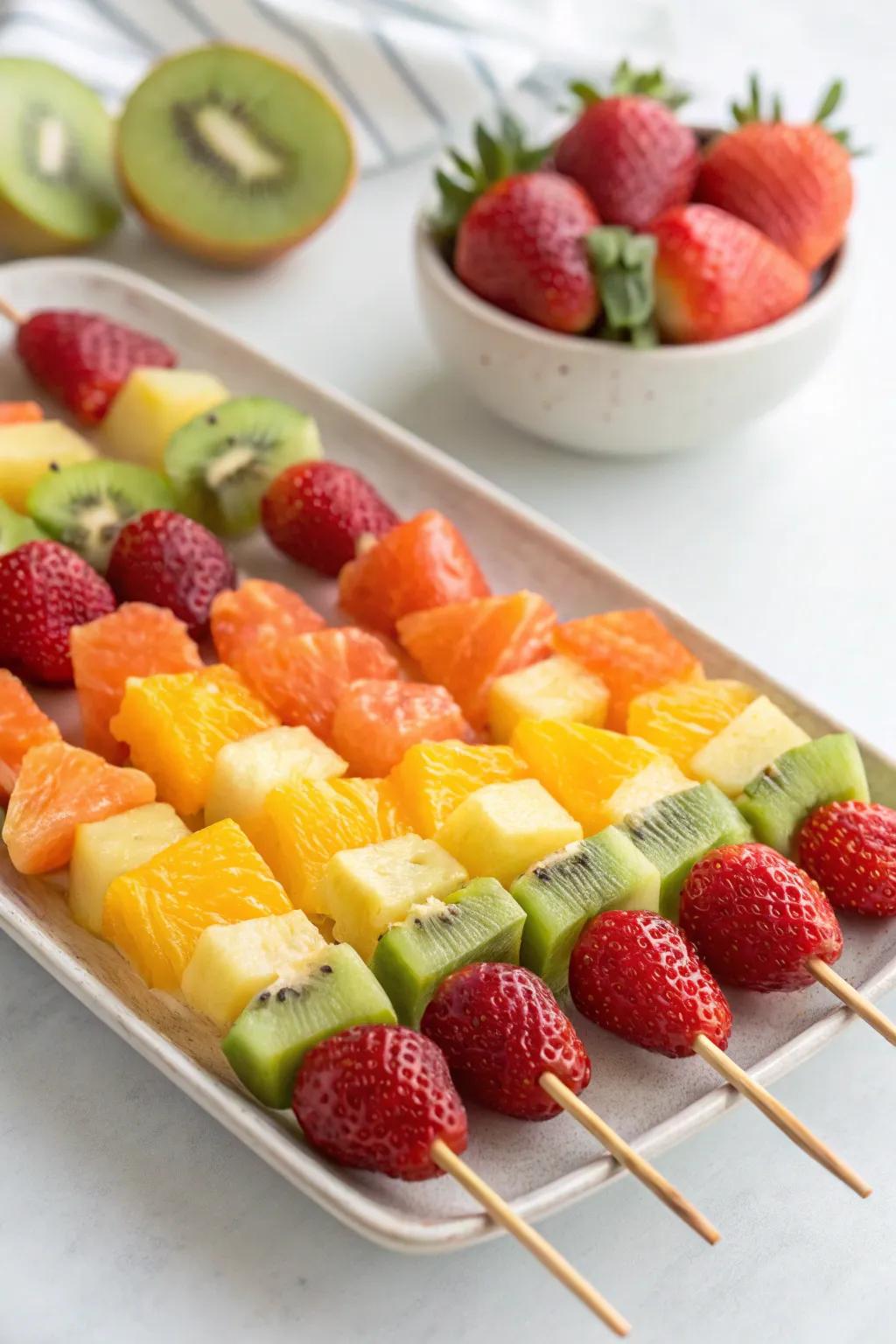 Vibrant and healthy rainbow fruit sticks for a unicorn celebration.