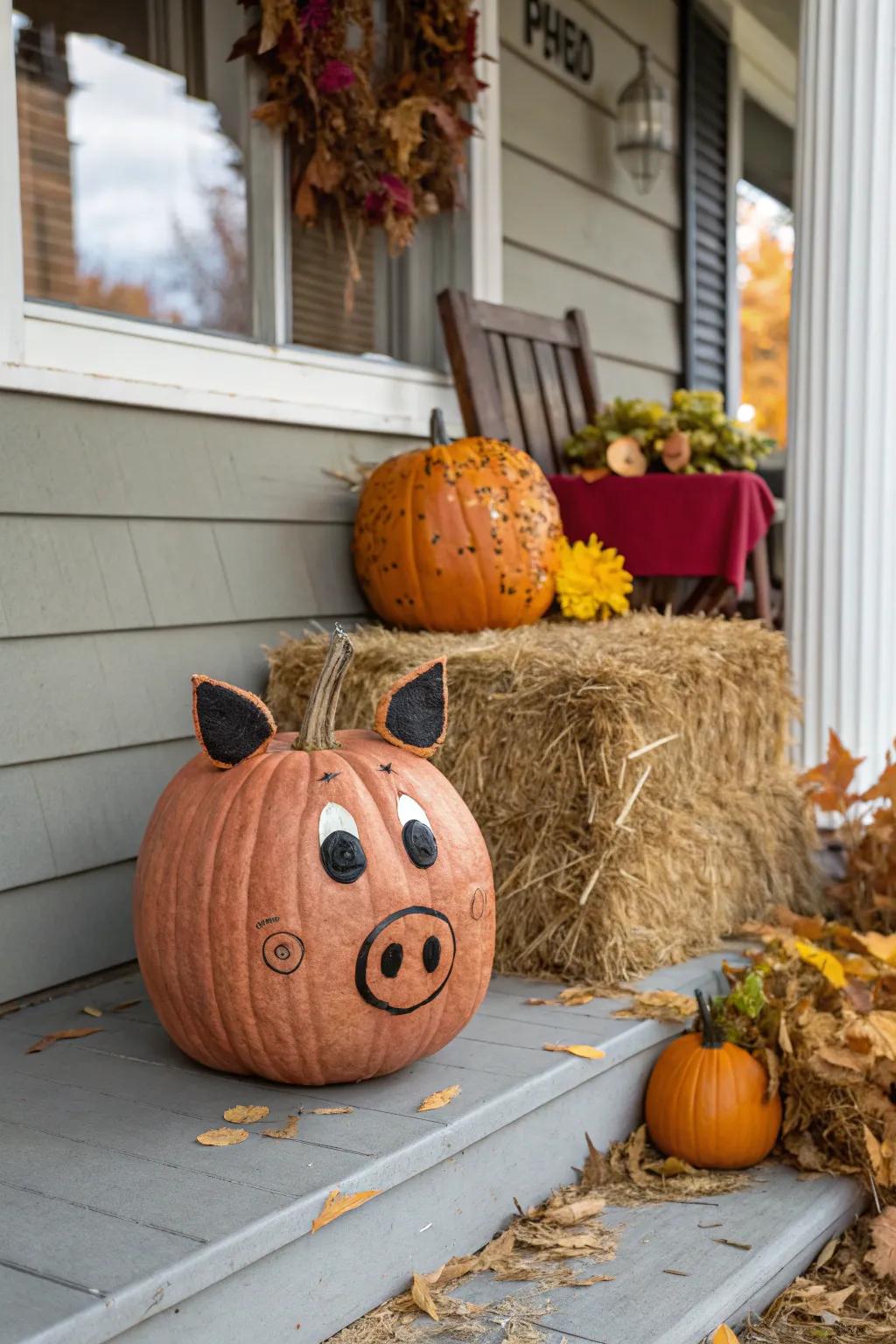 A pumpkin ingeniously crafted to resemble a pig, replete with ears and snout.