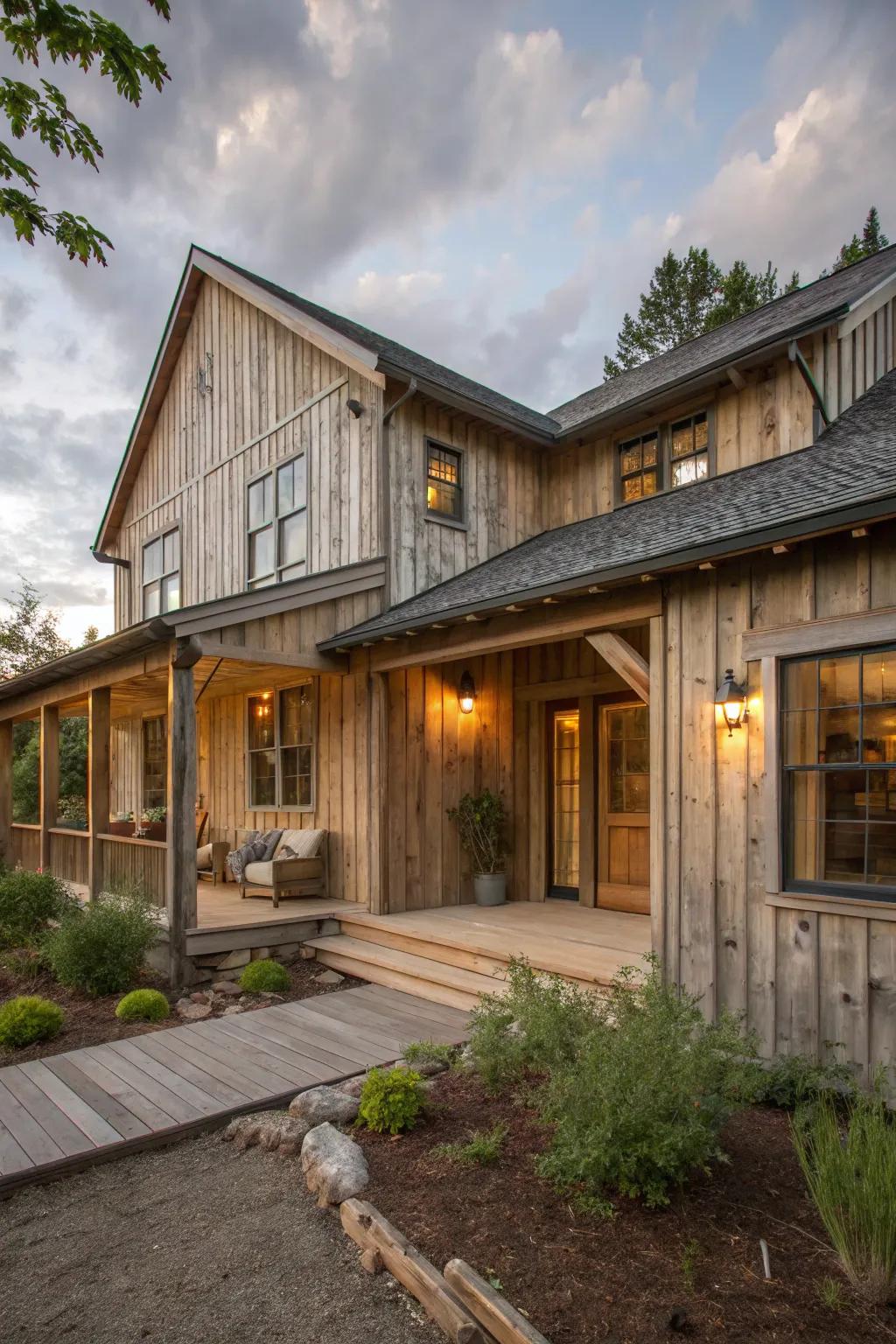 A rustic house showcasing the warmth of natural wood siding.