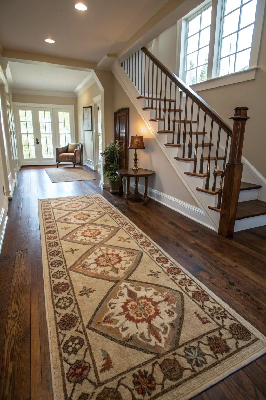 A patterned rug brings warmth and cohesion to the upstairs landing.