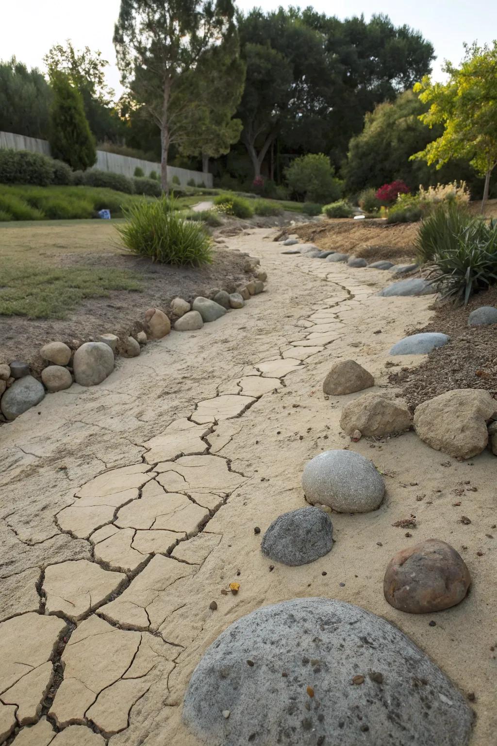 A dry riverbed adds a natural flow to your garden's design.