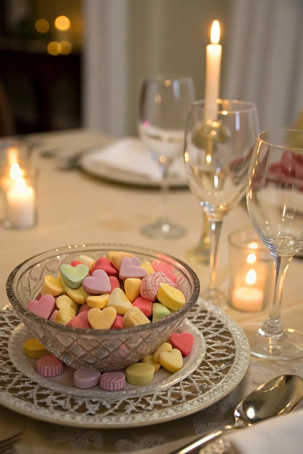 Sweetheart candies add a sweet touch to the table.