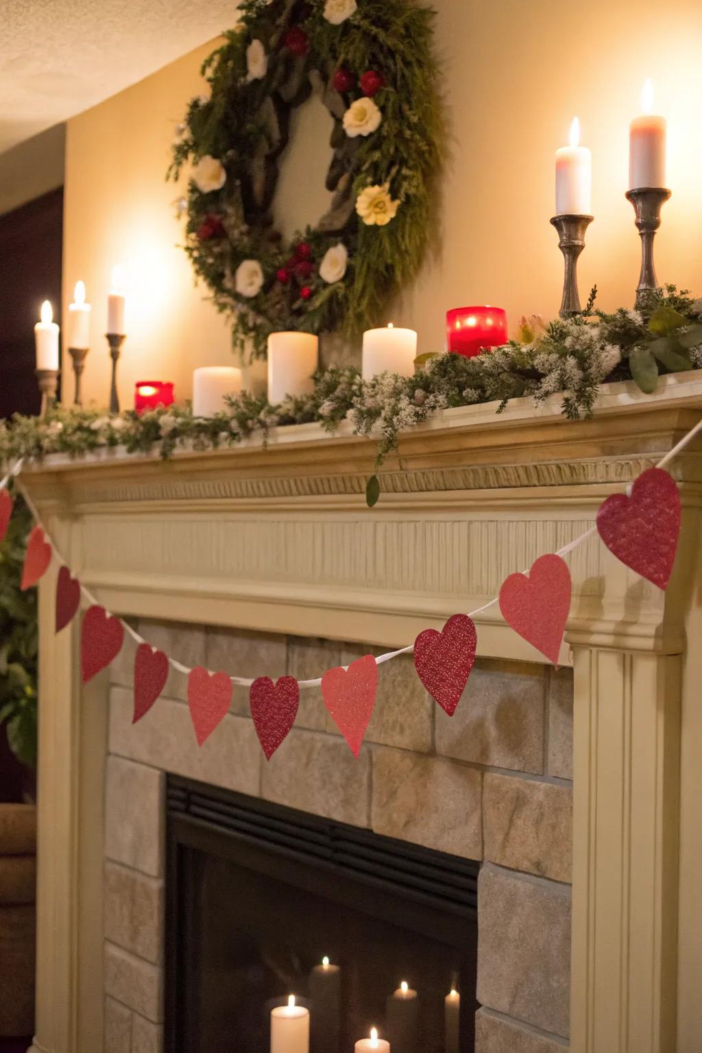 Charming mantel with heart decoration and lights
