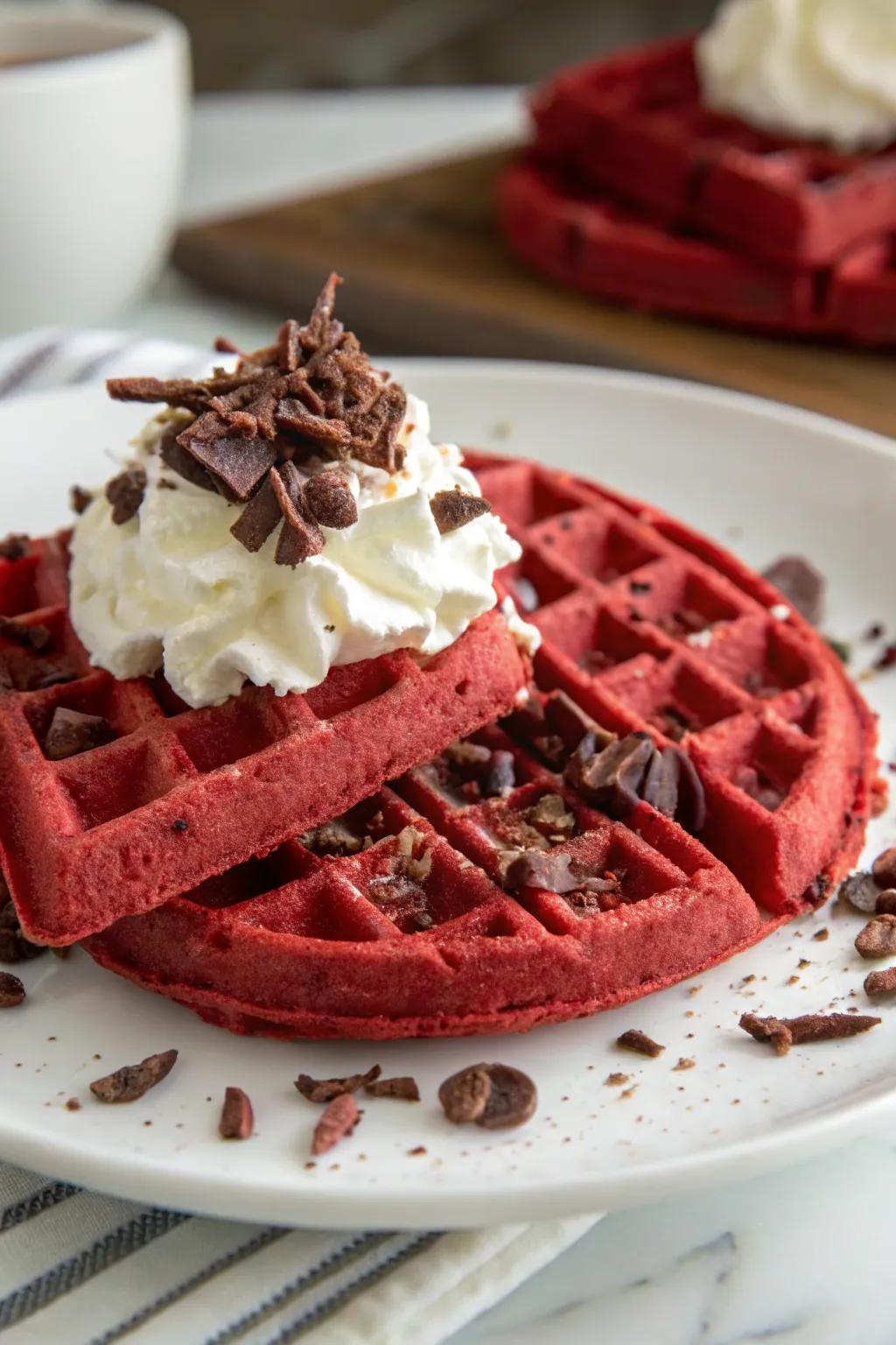 Rich carmine velvet waffles accompanied by whipped topping and cocoa.