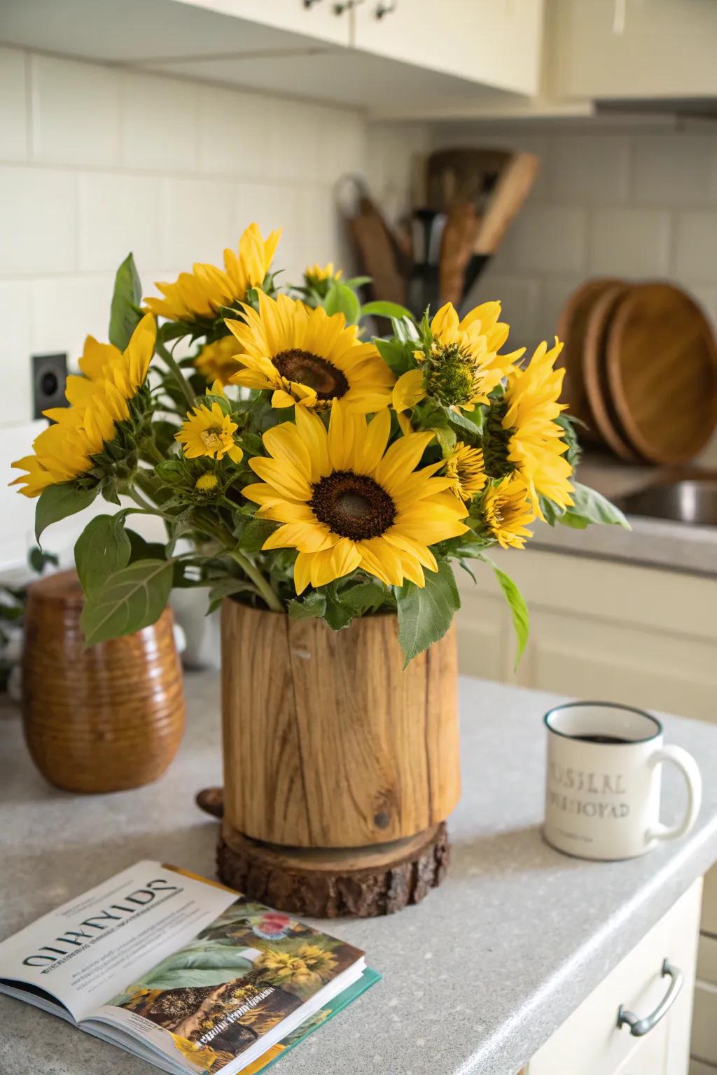 Vibrant golden bloom bouquet bringing joy to a kitchen.