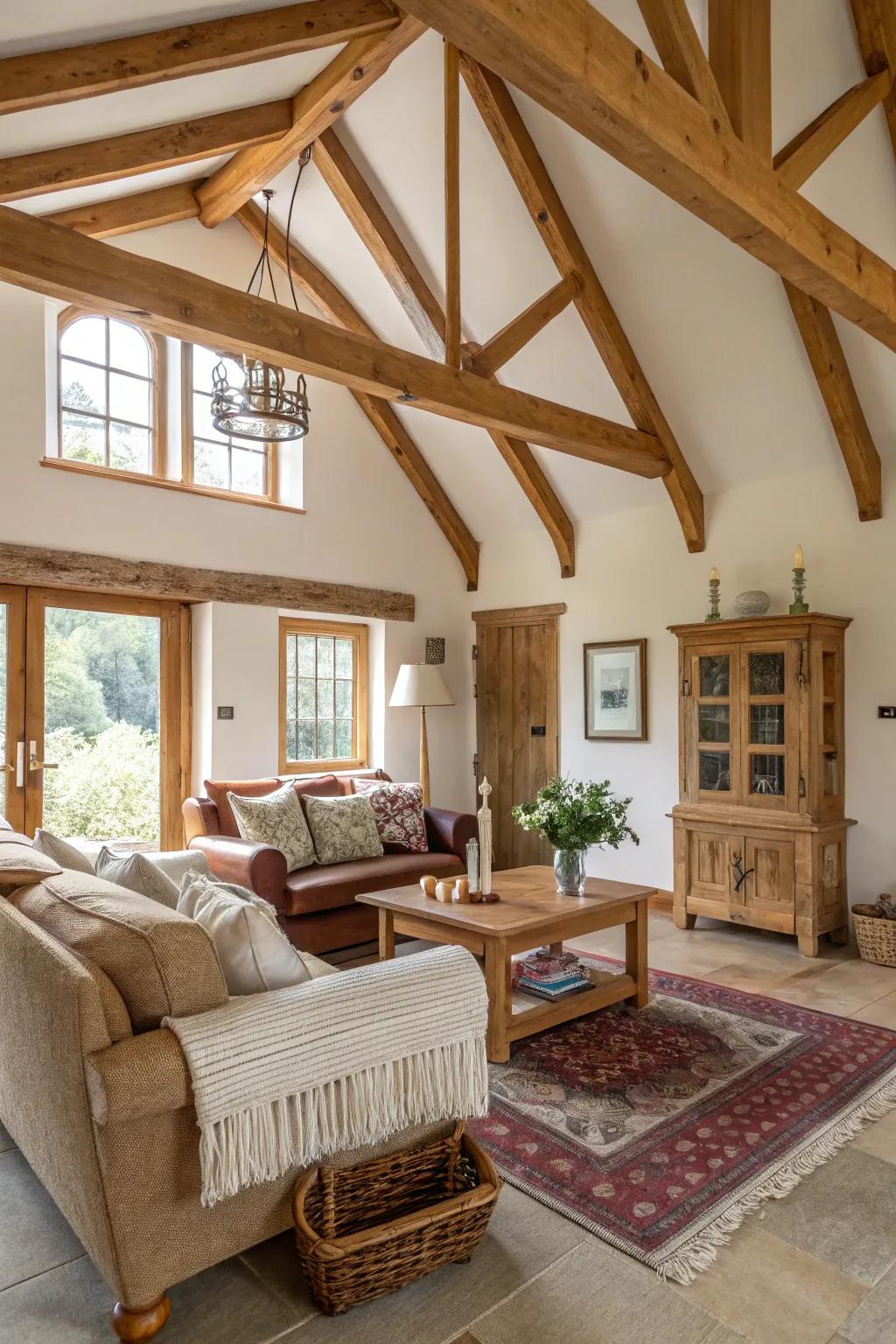 Contrasting shades emphasize the charm of exposed beams.