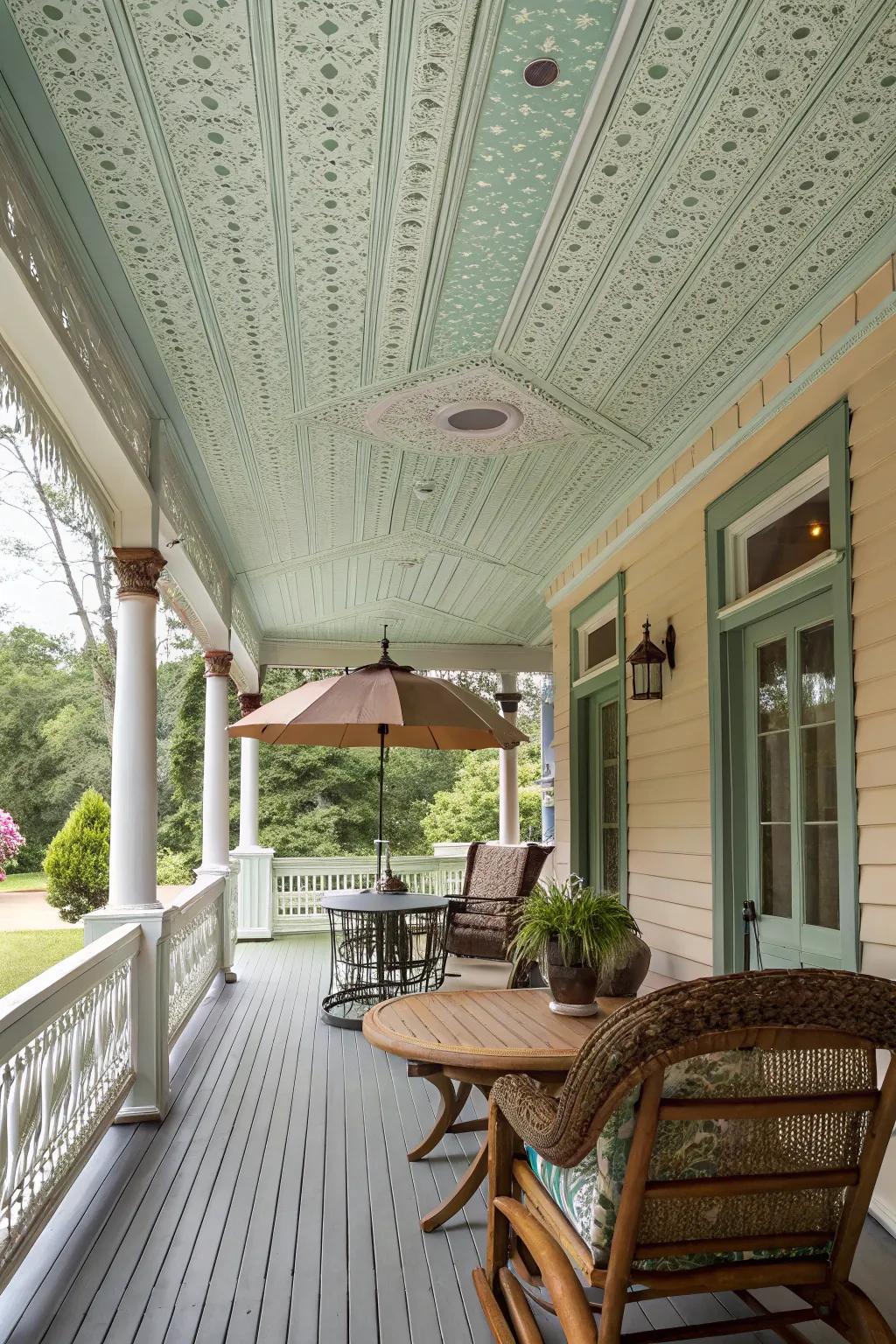 Timeless beauty with a painted planked ceiling.