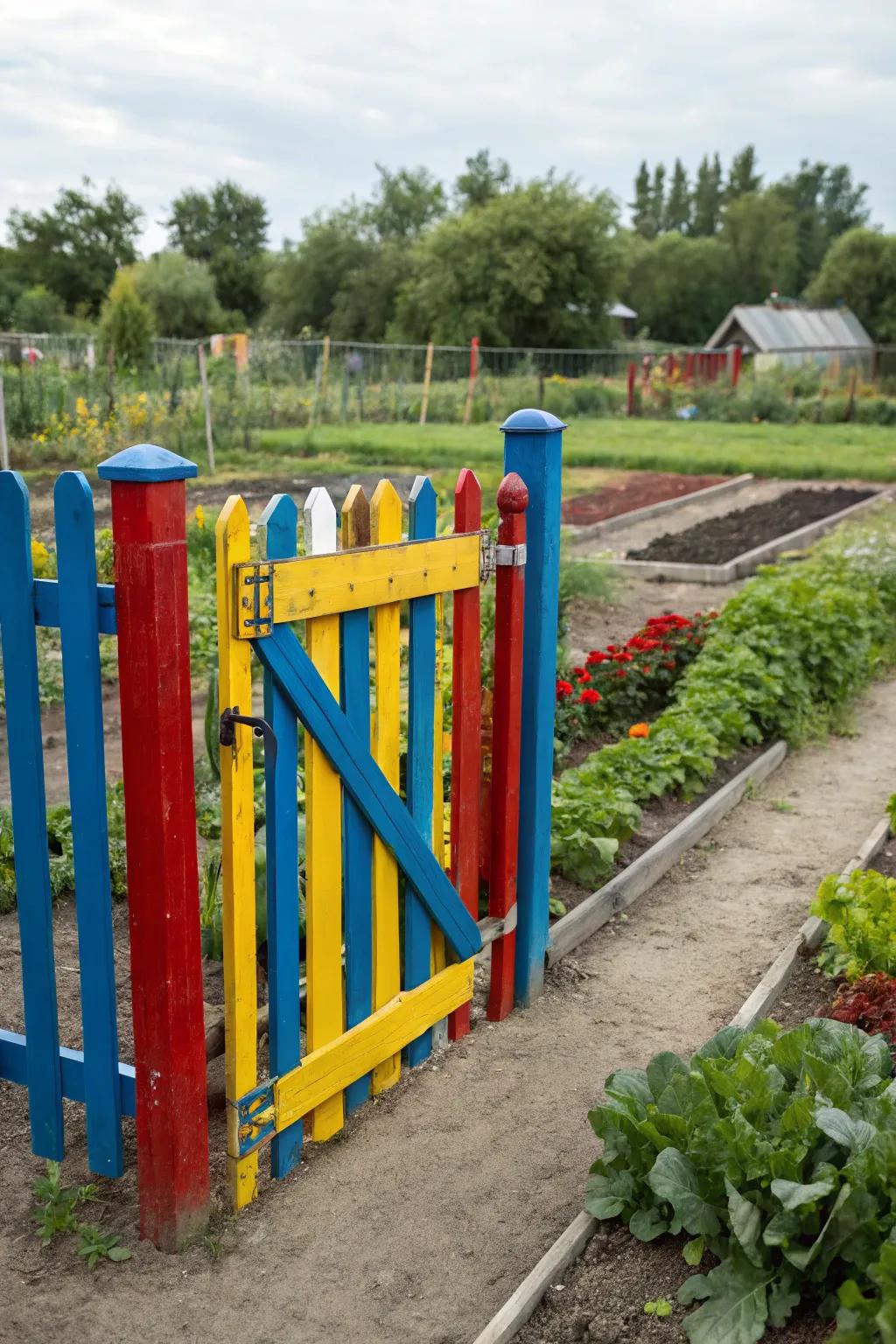 A playful painted gate that injects joy into the garden.