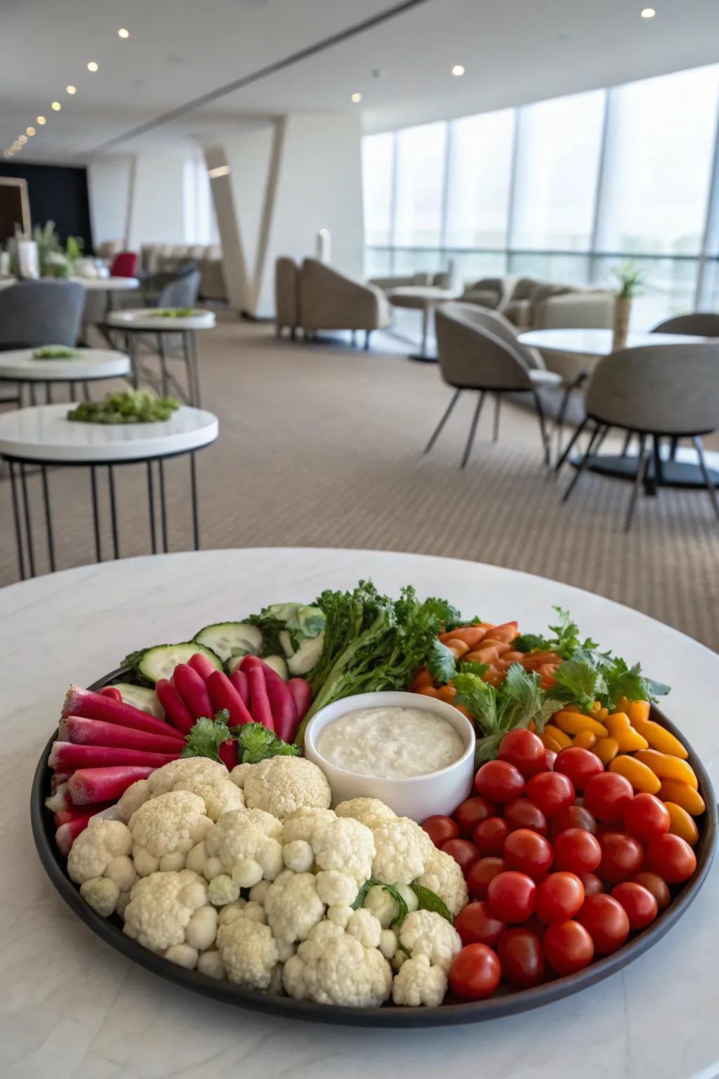 Veggies arranged symmetrically in a circular layout.