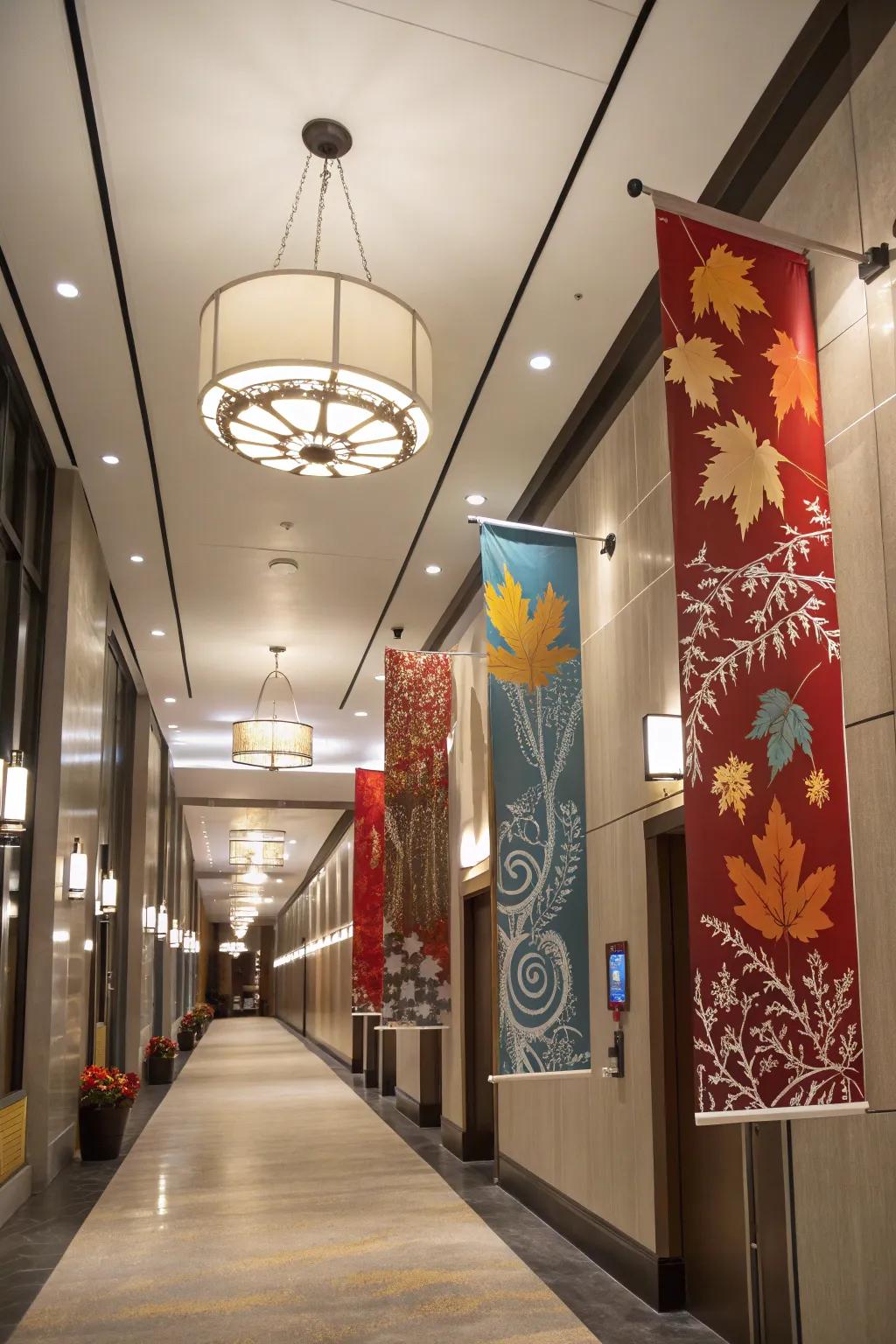 Seasonal vertical banners introduce an evolving touch to a hallway.
