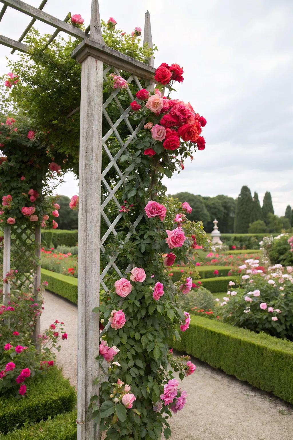 In a garden, a decorative trellis provides support for climbing roses.