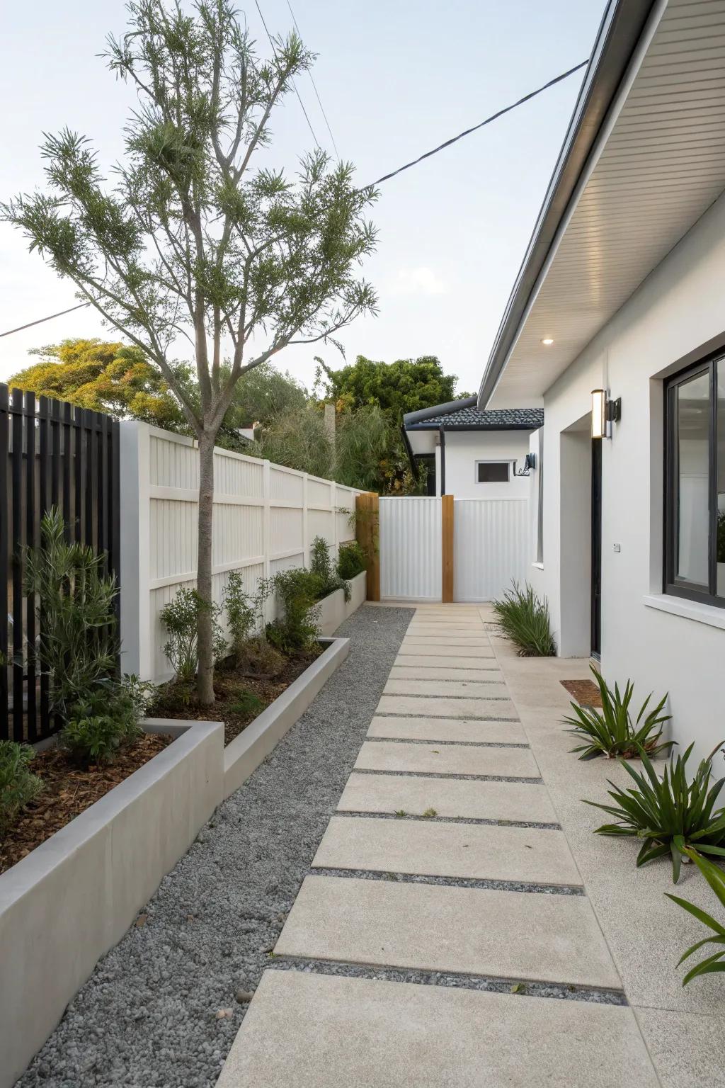 Design simplicity results in an organized and refined driveway.