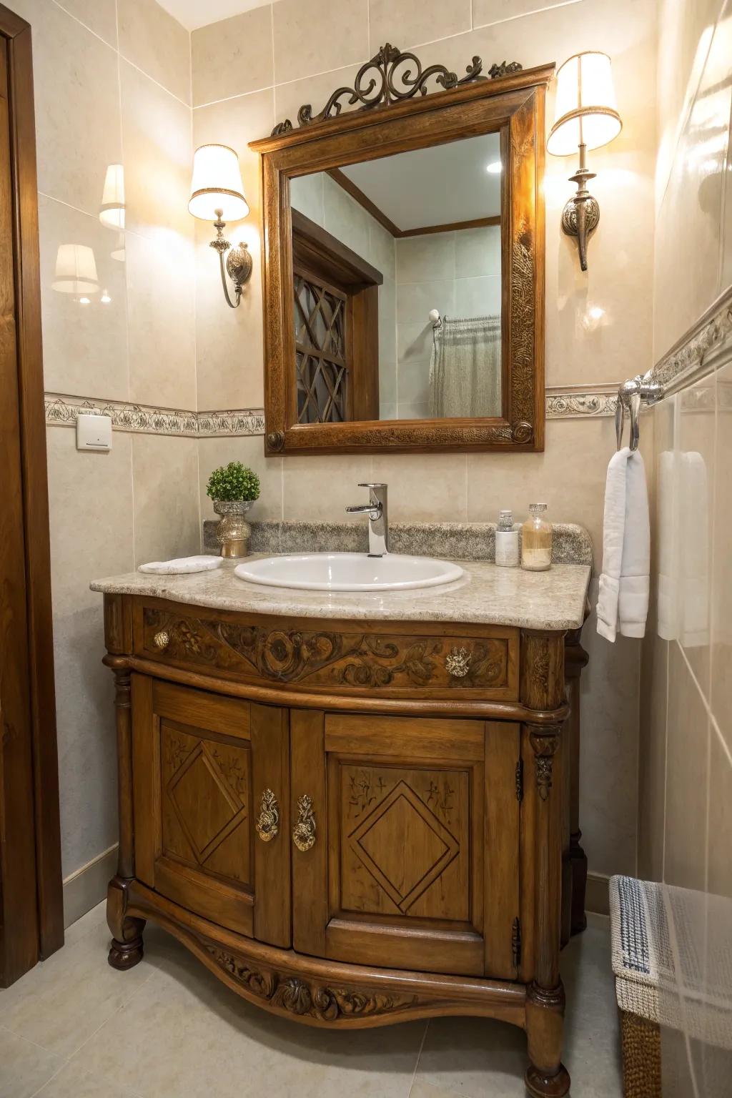 A vintage vanity adds character and flair.
