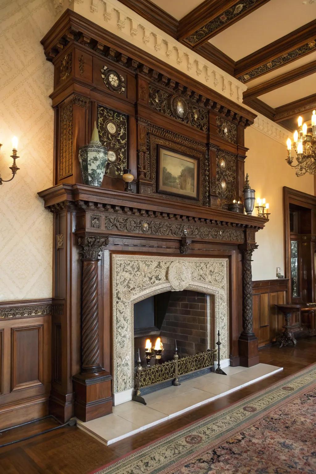 A decorative hearth enhances the room’s historical charm.