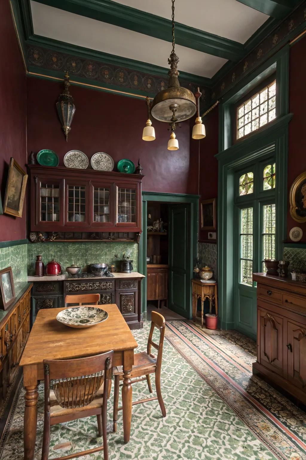 Vibrant era-specific hues craft a warm and inviting Victorian kitchen area.