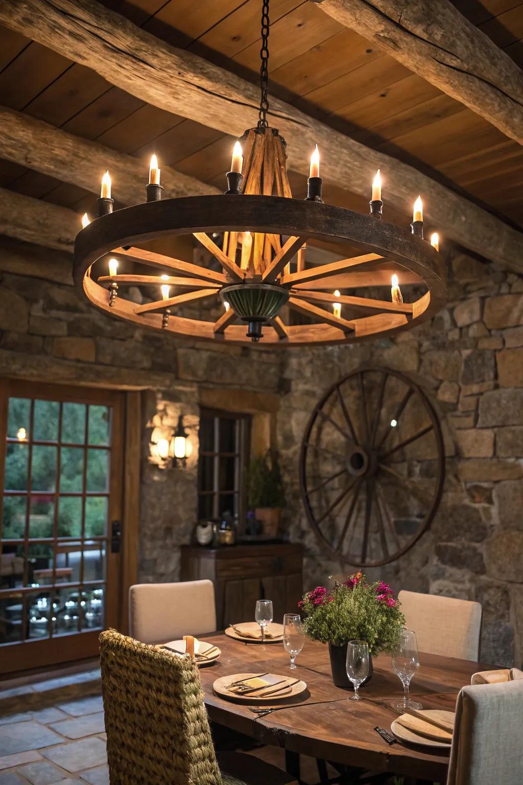 A cart wheel transformed into an elegant light fixture above a food table.