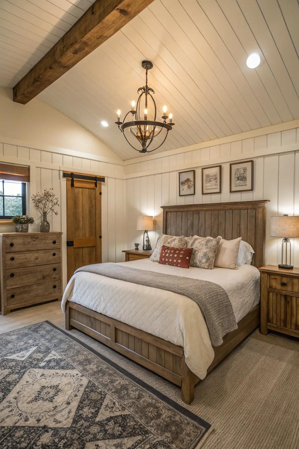 Grooved-board wainscoting enriches any primary bedroom with countryside appeal.