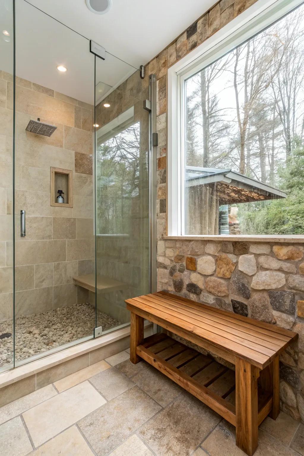 A country-style wood seat adds natural charm to the walk-in shower, blending beautifully with stone tiles.