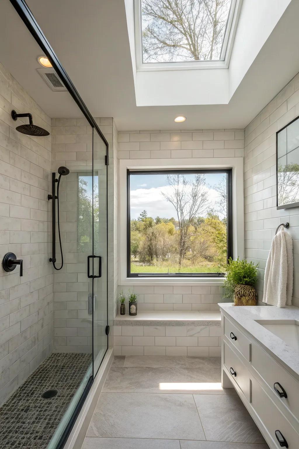 A transom window in a walk-in shower, adding sophistication without compromising privacy.