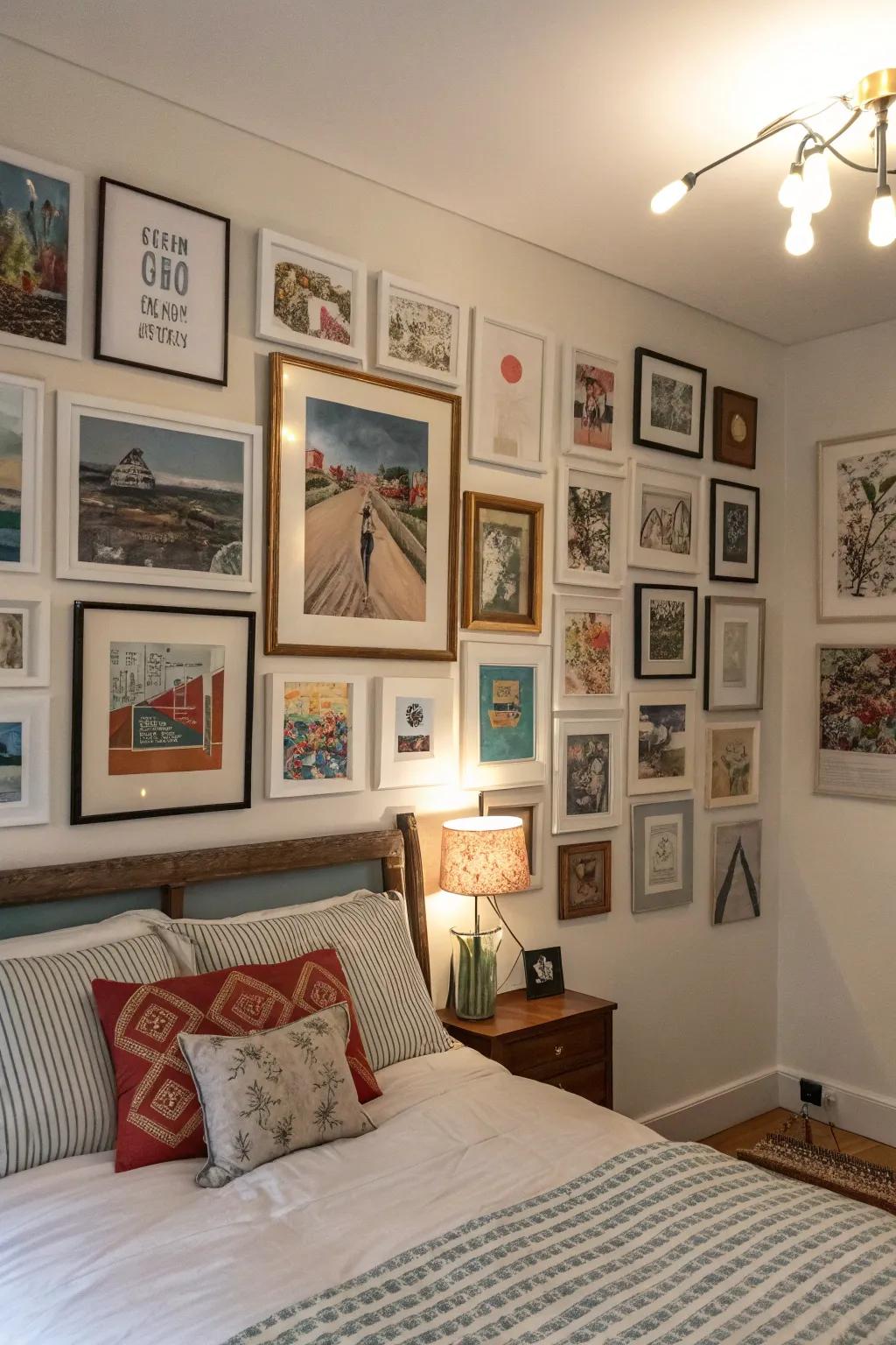 Wall galleries give you a lively and unique art display in your bedroom.