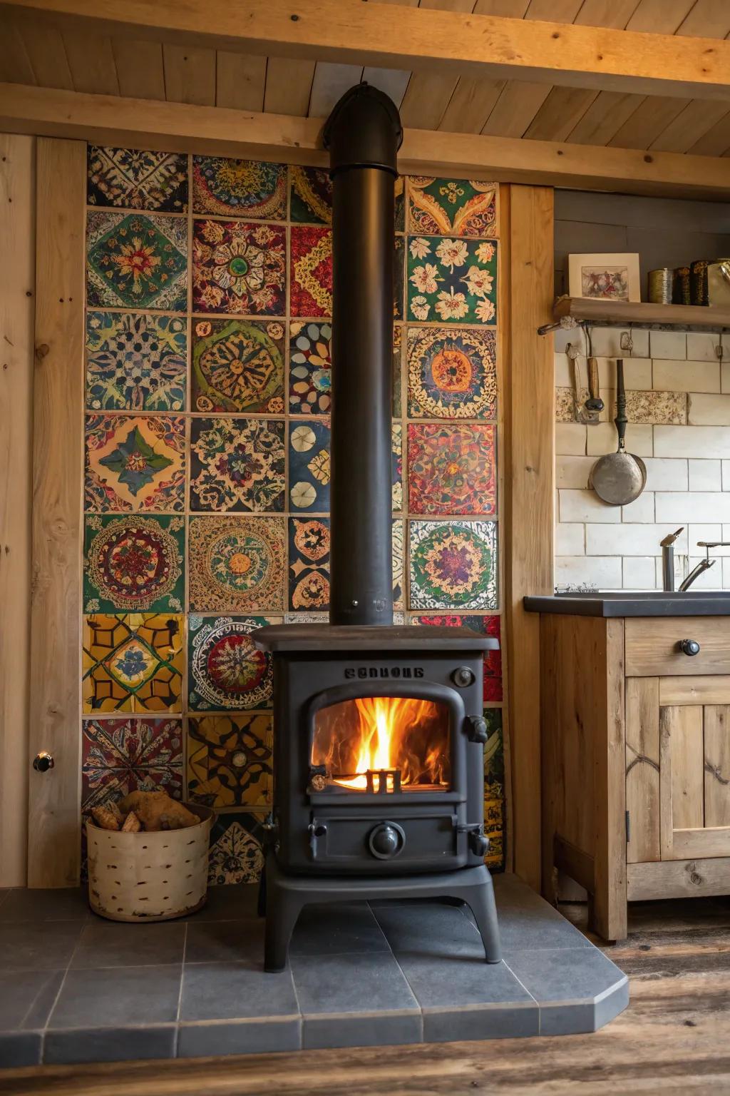 Mosaic tiles enrich your stove backdrop with artistic style and vivid colors.