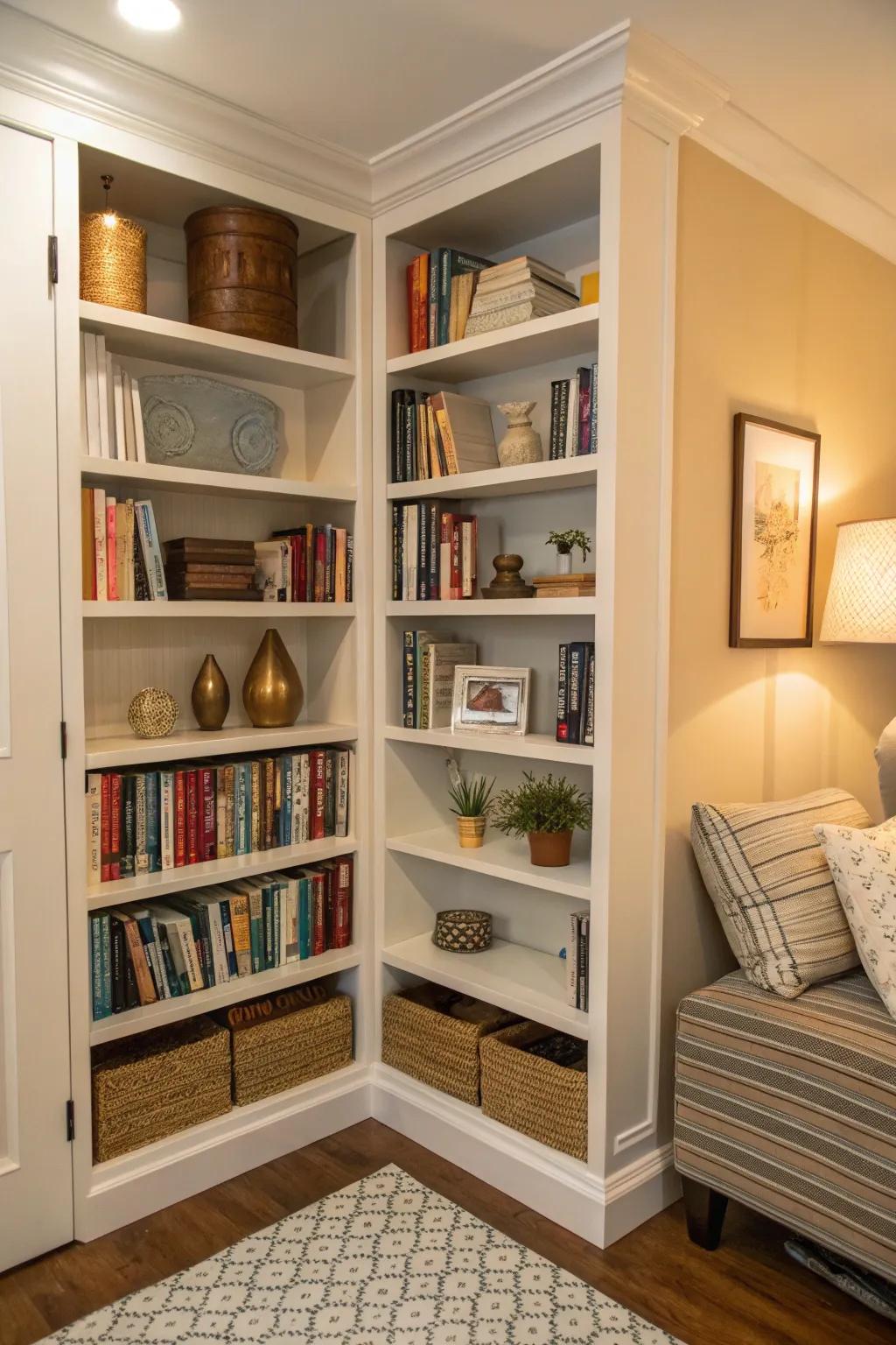 Corner shelves maximize storage in small areas without creating clutter.